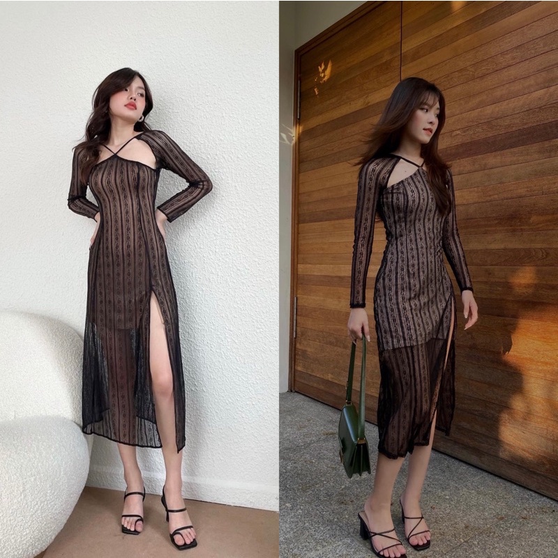 Váy midi yếm cột dây ren 2lớp dáng xẻ tà có ảnh thật 100% shop chụp | dias.worlddd