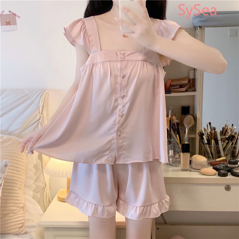 Set Đồ Ngủ Gồm Áo Hai Dây Cổ Vuông Và Quần Short Thời Trang Mùa Hè