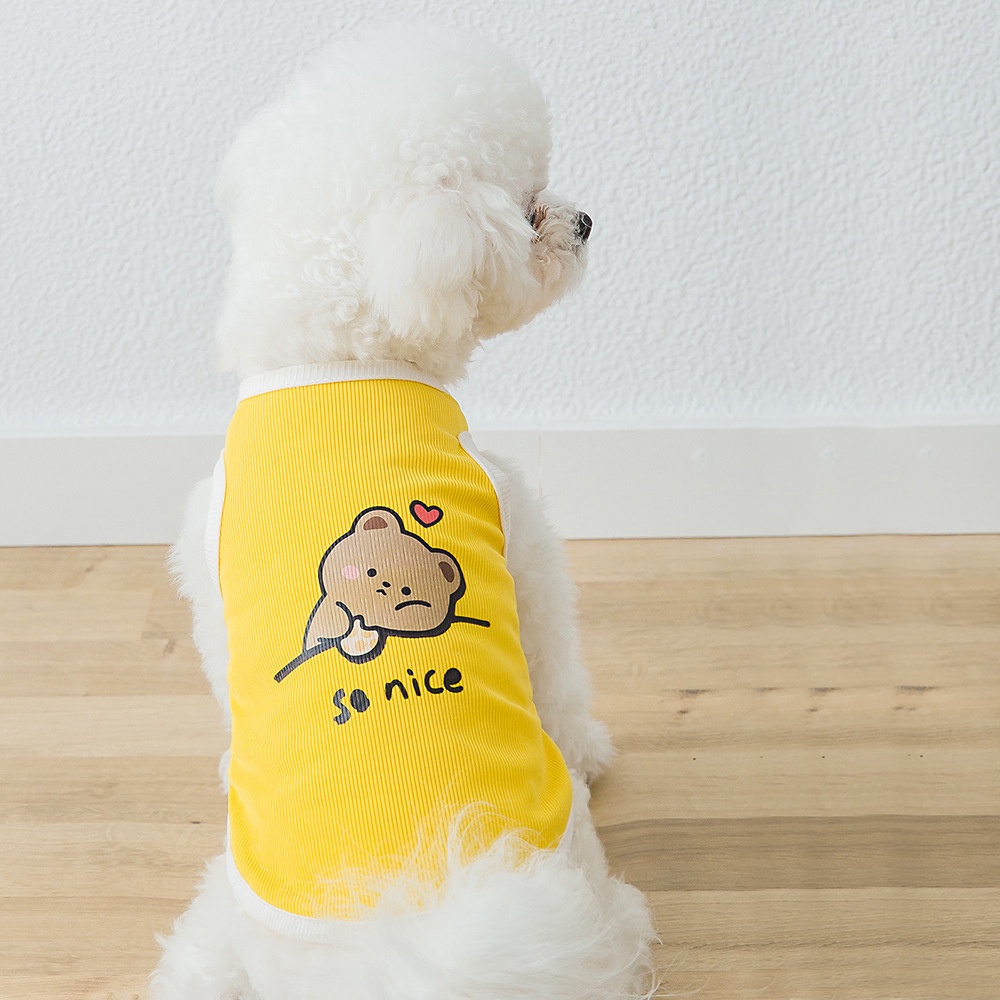 Áo cho chó poodle mùa hè Hipipet vải lụa băng mát lạnh màu vàng in hình teddy so nice