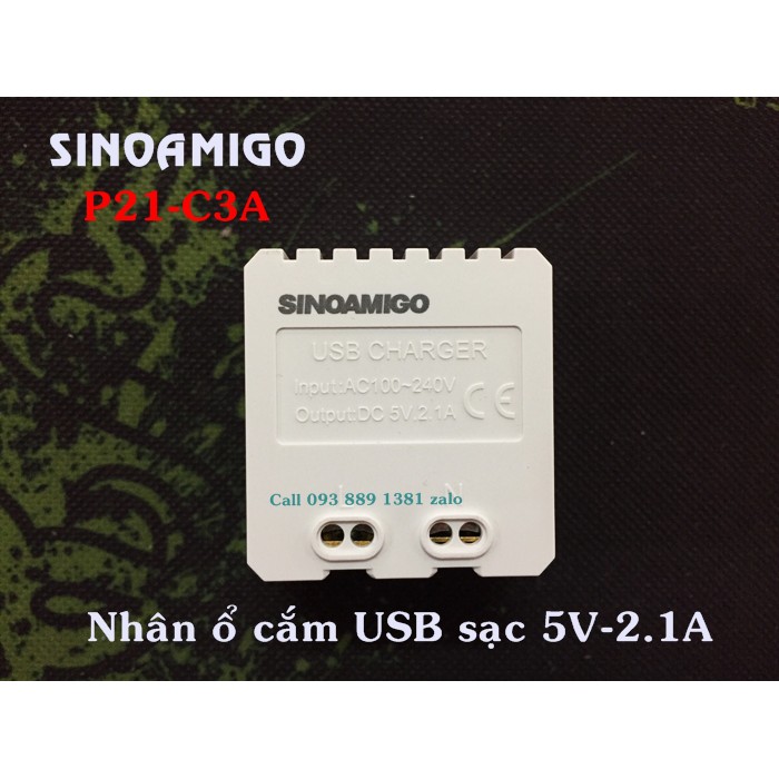 Nhân ổ cắm USB sạc 5V-2.1A Sinoamigo P21-C3A (lắp mặt nạ panasonic, ổ cắm âm sàn)