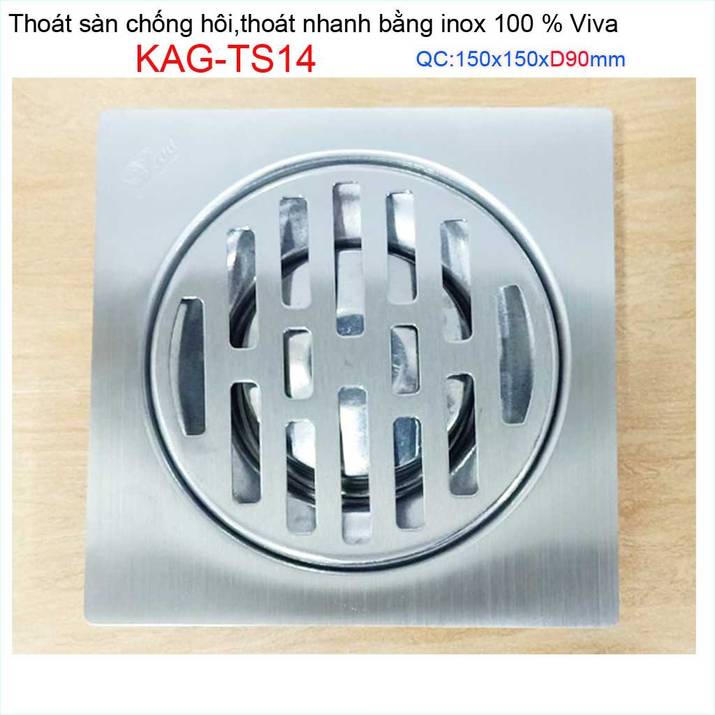 Hố ga thoát sàn Viva ống D90-9cm Inox mờ, phễu thoát nước chống hôi D90 vuông 15x15cm KAG-TS14