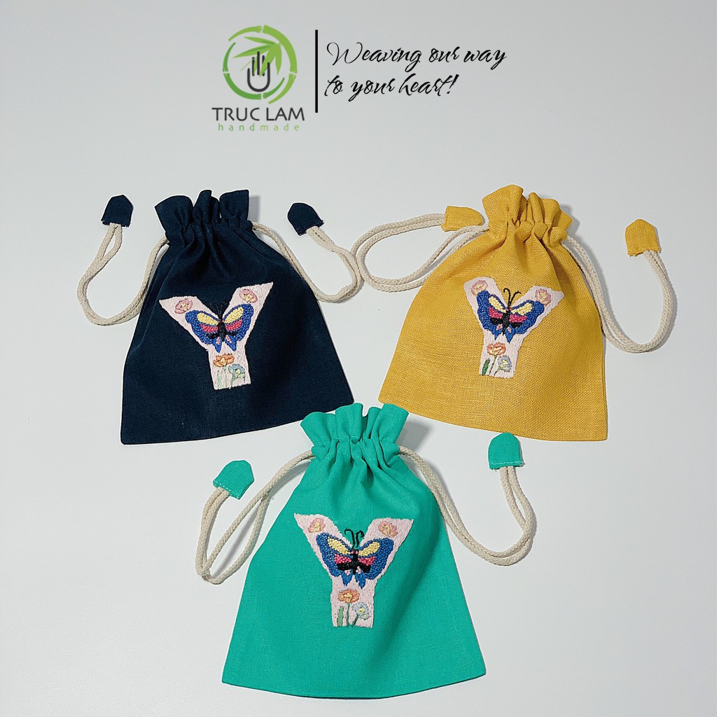 Túi Dây Rút Thêu Tay Họa Tiết Chữ Cái Y Phối Hoa Văn Nhiều Màu Sắc - Trúc Lâm Handmade