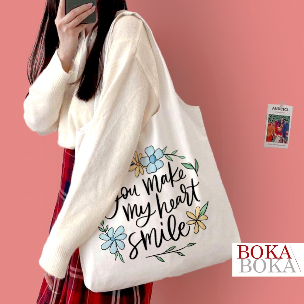 Túi tote xách vai vải canvas giá rẻ You Make My Heart Smile phong cách ulzzang hàn quốc