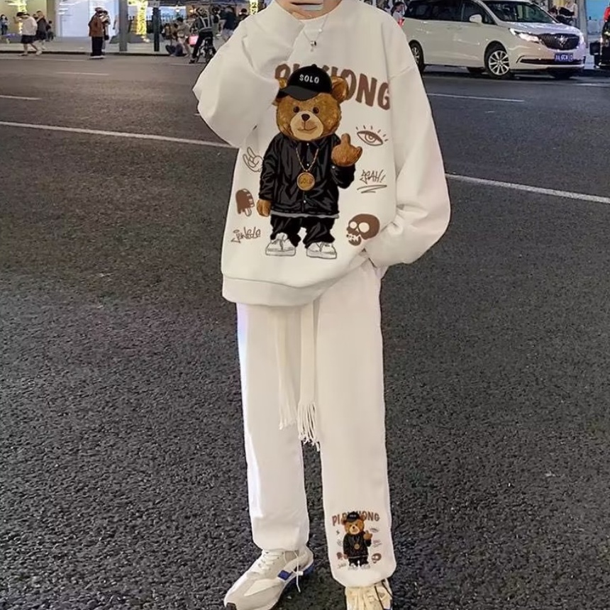 Mới Bộ Áo Sweater Tay Dài bộ quần áo nam Dáng Rộng In Họa đồ bộ nam Tiết Hoạt Hình Đơn Giản Phong Cách Hàn Quốc bộ thể thao nữ Thời Trang bộ Nam Nữ