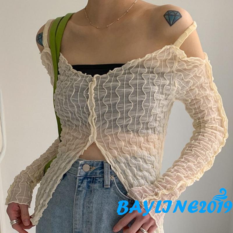 Áo thun tay dài hở vai xẻ tà màu trơn thời trang nữ tính cho nữ