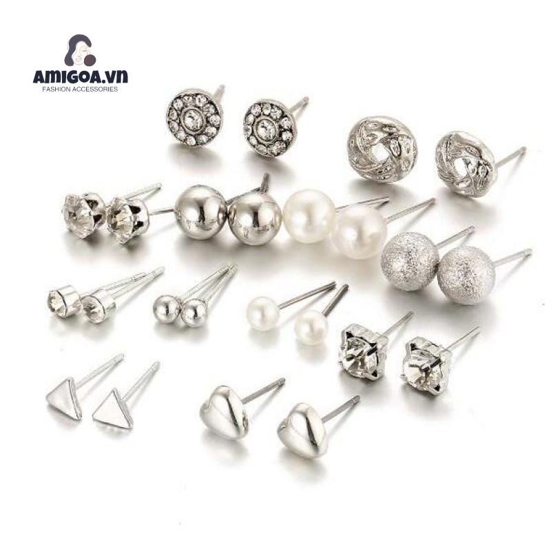 Bộ 12 Đôi Bông Tai Hình Nơ Đính Ngọc Trai Nhân Tạo