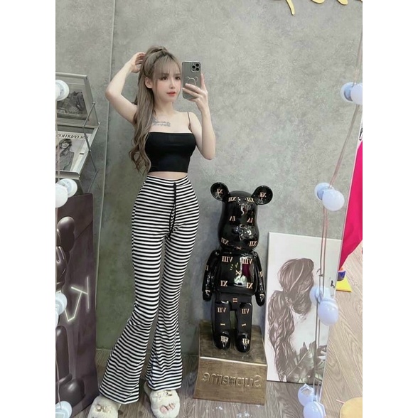 Quần Loe Chất Tăm co dãn Lưng Thun 3 màu sọc/ xám/đen