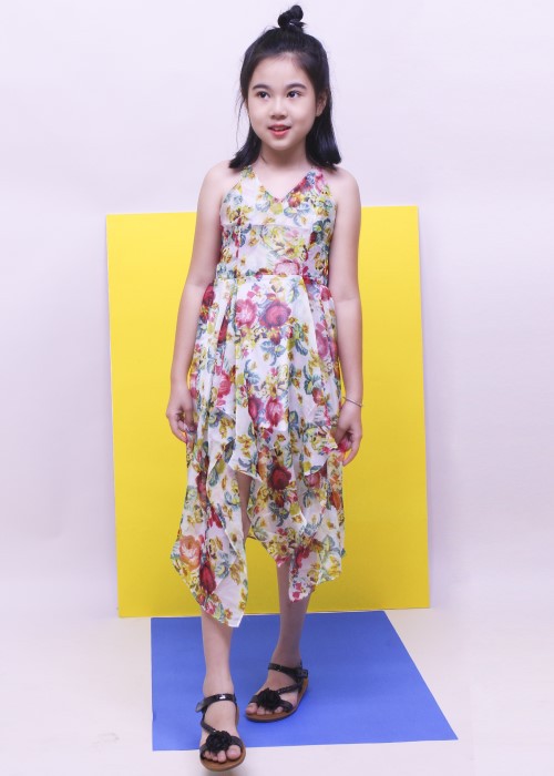 Đầm bé gái maxi hai dây hoa hồng Jadiny