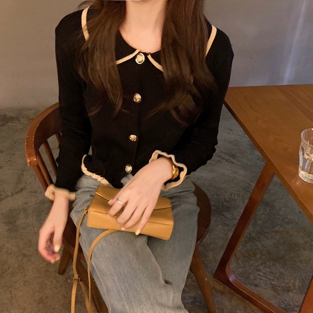 Áo cardigan dệt kim tay dài cổ polo form ôm phong cách Hàn quốc