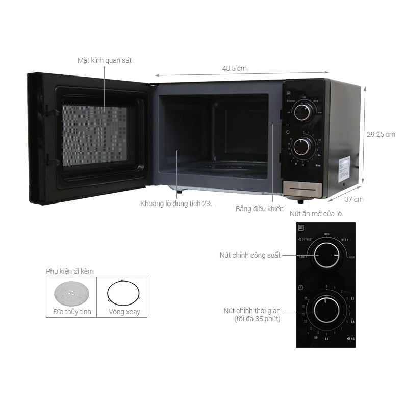 [CHÍNH HÃNG] LÒ VI SÓNG KHÔNG NƯỚNG ELECTROLUX 23L EMM2308X 800W - ĐK NÚT VẶN - 5 MỨC CÔNG SUẤT - HẸN GIỜ (MÀU ĐEN)