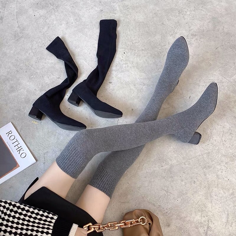 Bốt đùi nữ chất len co giãn ôm chân không tụt gót vuông cao 5cm