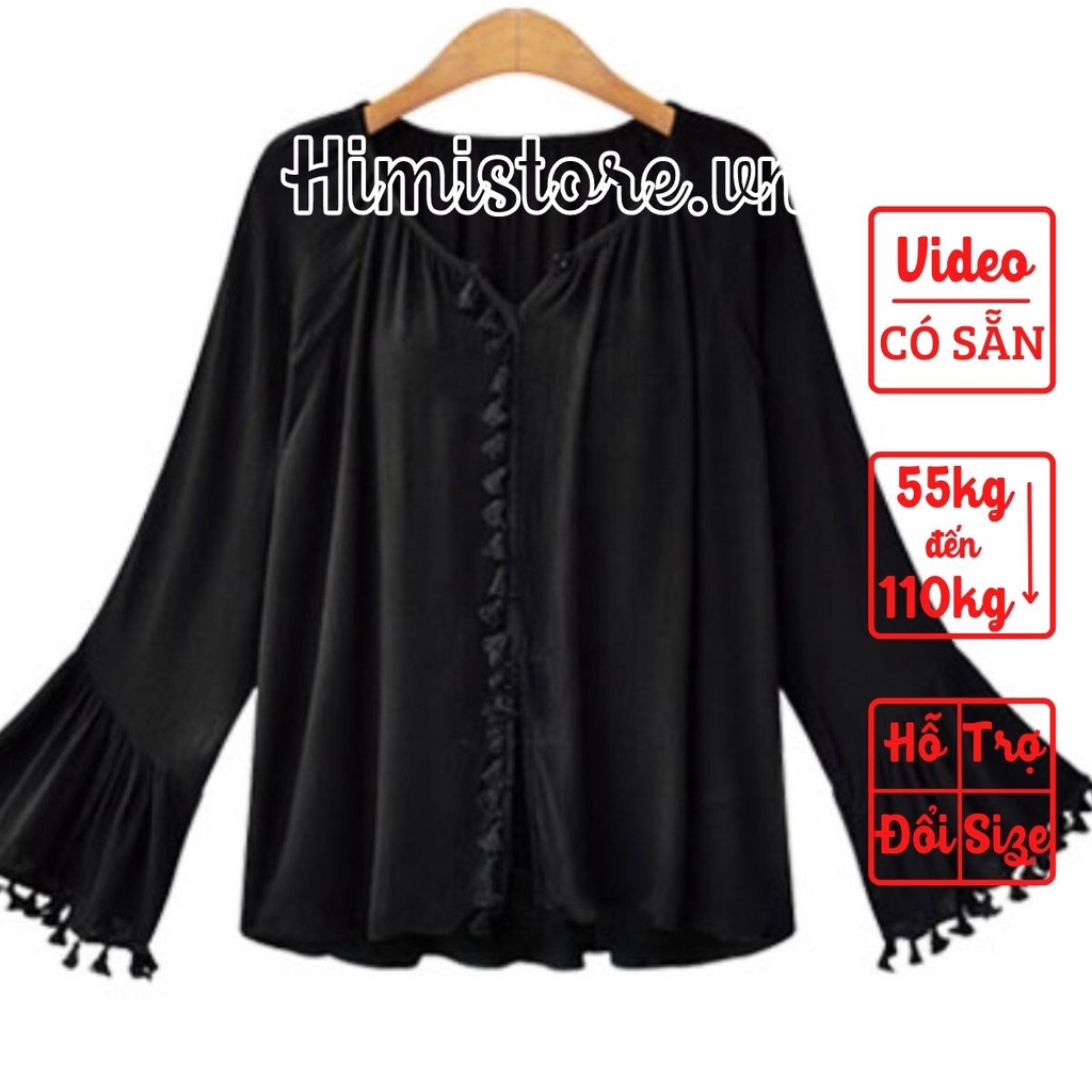 ÁO KIỂU BIGSIZE NỮ CHẤT ĐŨI MỀM MẠI NỀN ĐEN TAY DÀI TUA RUA CỔ V - HIMISTORE - HM416