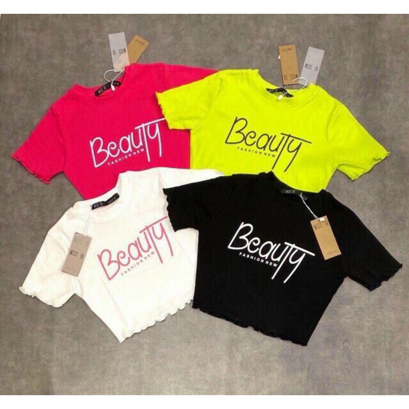 Áo thun tay ngắn croptop in chữ beauty