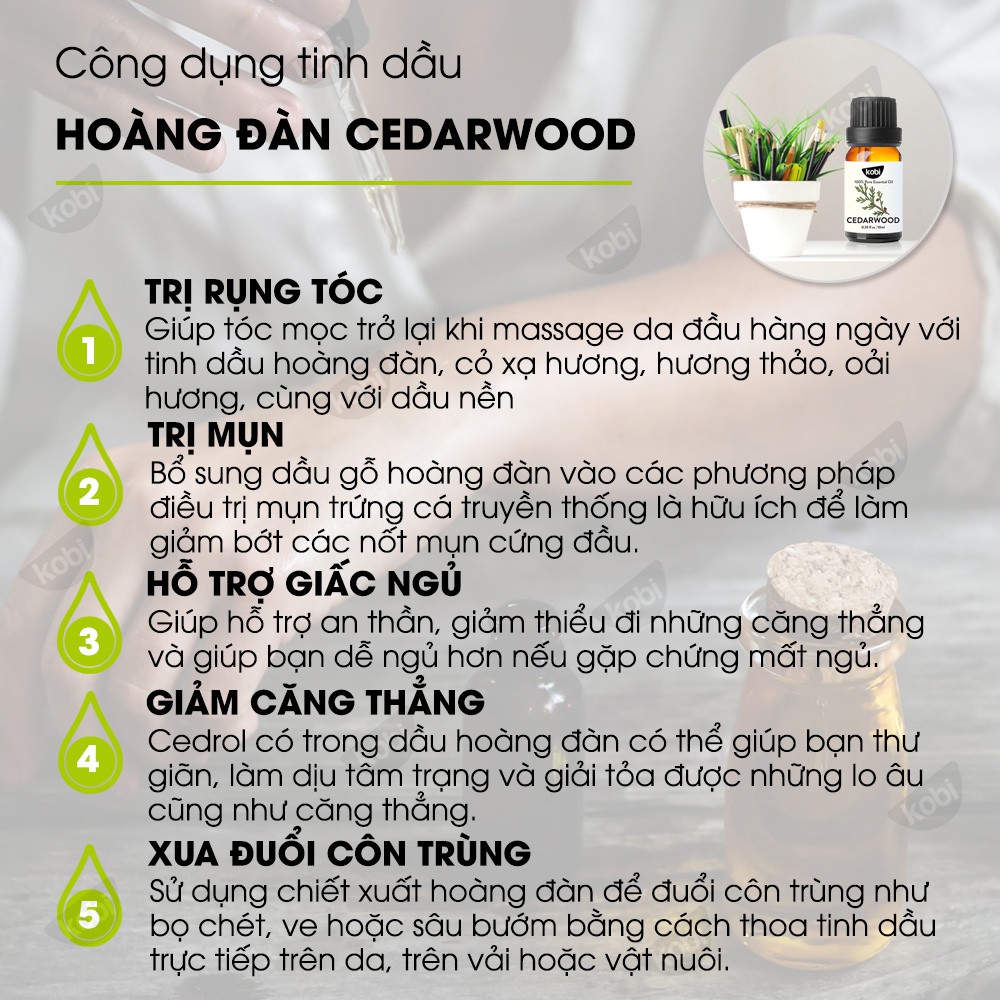 Tinh dầu Hoàng Đàn Kobi Cedarwood essential oil giúp giảm đau, chống viêm nhiễm, khử trùng hiệu quả - 5ml