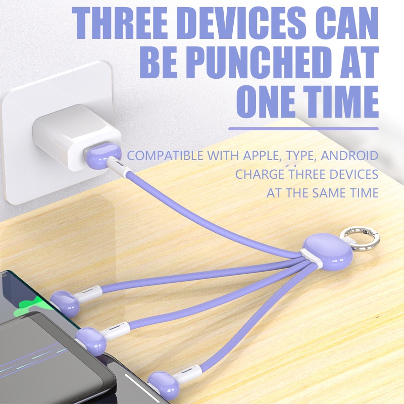 Cáp Sạc Nhanh 3 Trong 1 Cổng Micro USB Type-C 8Pin Có Móc Khóa Cho Điện Thoại