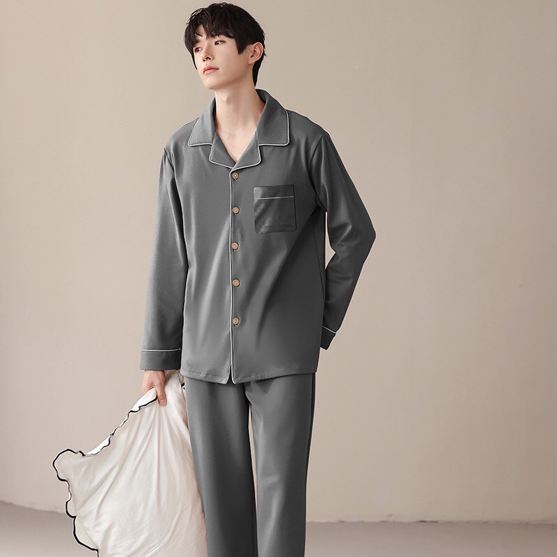 Đồ mặc nhà nam màu trơn chất cotton siêu đẹp - Bộ đồ Pyjama thu đông dành cho nam giới