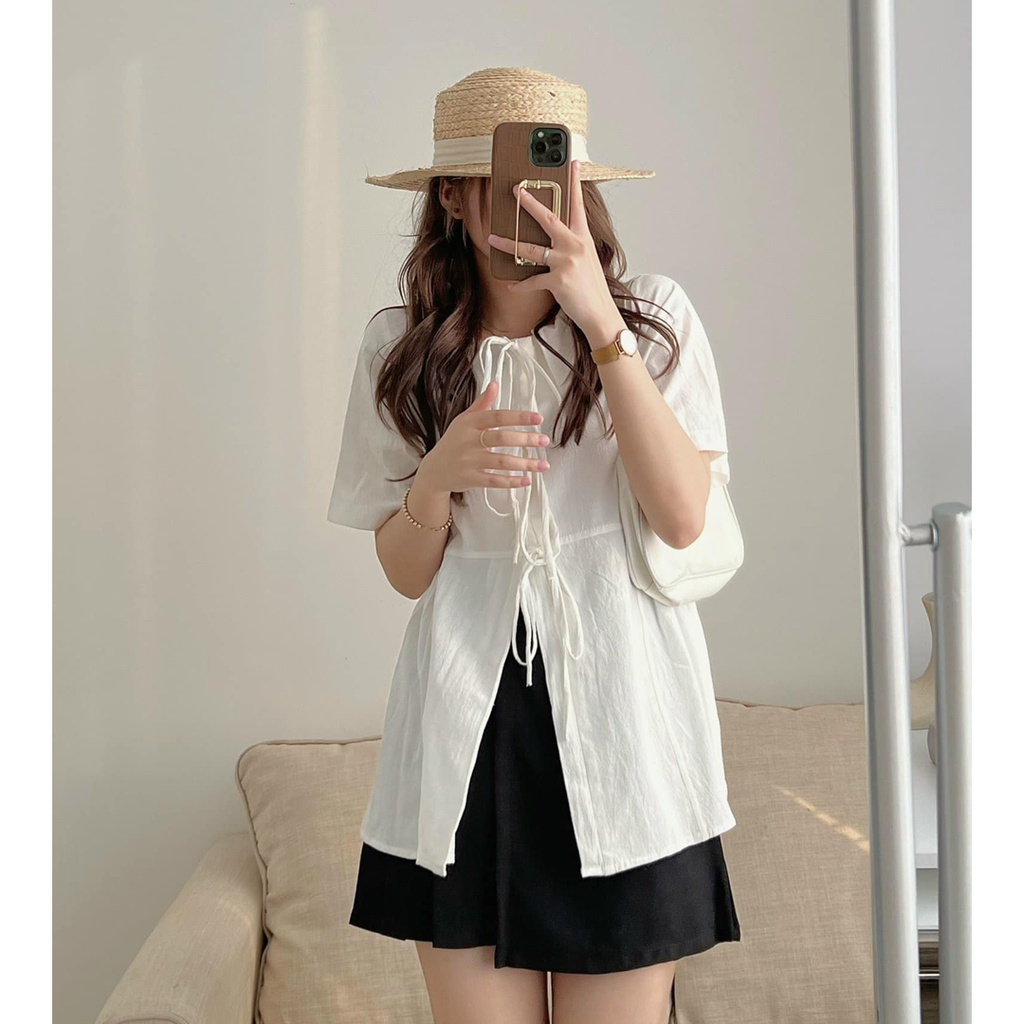 Áo sơ mi kiểu nữ, Áo sơ mi phối nơ ngực cổ sen thanh lịch Ulzzang