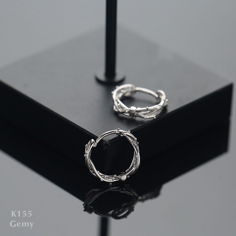 Khuyên tai nam tròn bạc 925 xi bạch kim Forest cá tính, độc đáo, unisex (1 chiếc) | GEMY SILVER K155