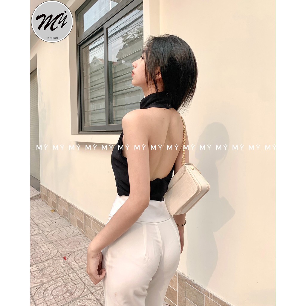 Áo Kiểu Hở Lưng Cổ Yếm Freesize Dưới 55kg Chất Đũi Nhăn Màu Đen  Phối Quần Ôm Ống Loe Chất Cotton Lanj