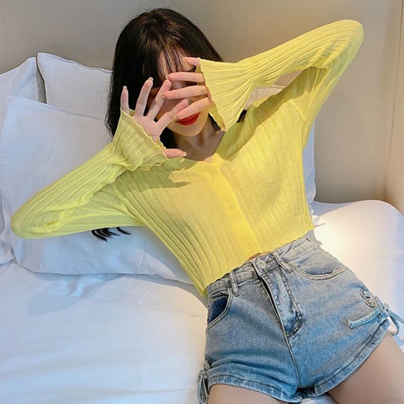 Áo Khoác Cardigan Dệt Kim Tay Dài Cổ Chữ V Màu Trơn Phong Cách Hàn Quốc