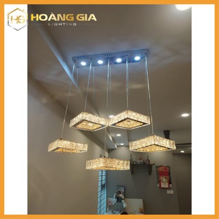 Đèn Thả Trần- Bộ đèn thả 5 Vòng  Pha Lê cao cấp-Kèm Điều khiển Chuyên Dụng