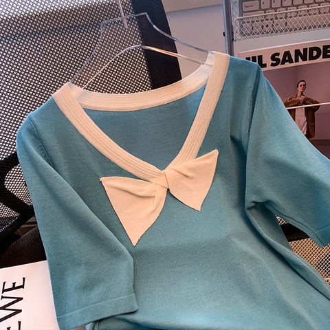 Áo Thun Dệt Kim Tay Ngắn Cổ Chữ V Thiết Kế Mới Thời Trang Mùa Hè Cho Nữ