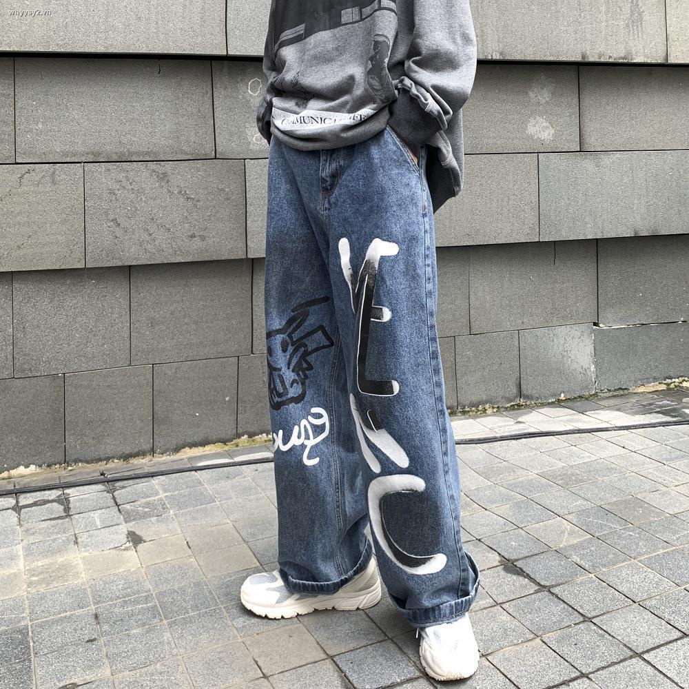 Quần jean dài ống rộng phối họa tiết graffiti thời trang hip hop cá tính cho nam
