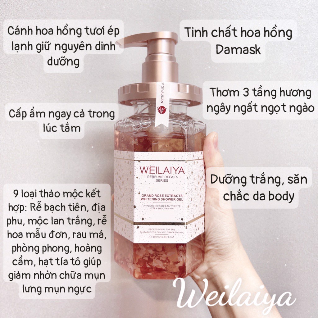 Sữa Tắm Trắng Da WEILAIYA Tủy Mật Hoa Hồng Damask Grand Rose Extracts Whitening Shower Gel - 450ml