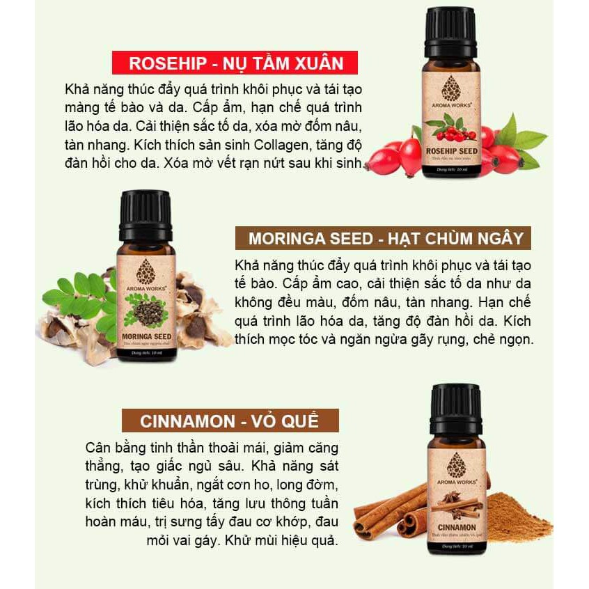 Combo 3 Tinh Dầu Nguyên Chất Aroma Works: Tinh Dầu Vỏ Cam (10ml) + Tinh Dầu Vỏ Chanh (10ml) + Tinh Dầu Vỏ Bưởi (10ml)