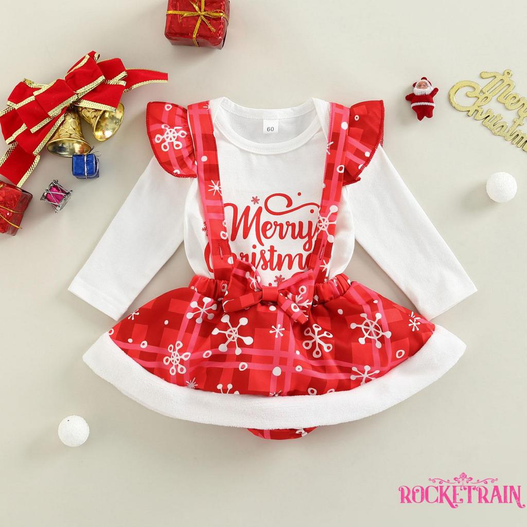 Set Áo Dài Tay Cổ Tròn Liền Quần Lót + Đầm Yếm Họa Tiết Giáng Sinh Cho Bé Gái