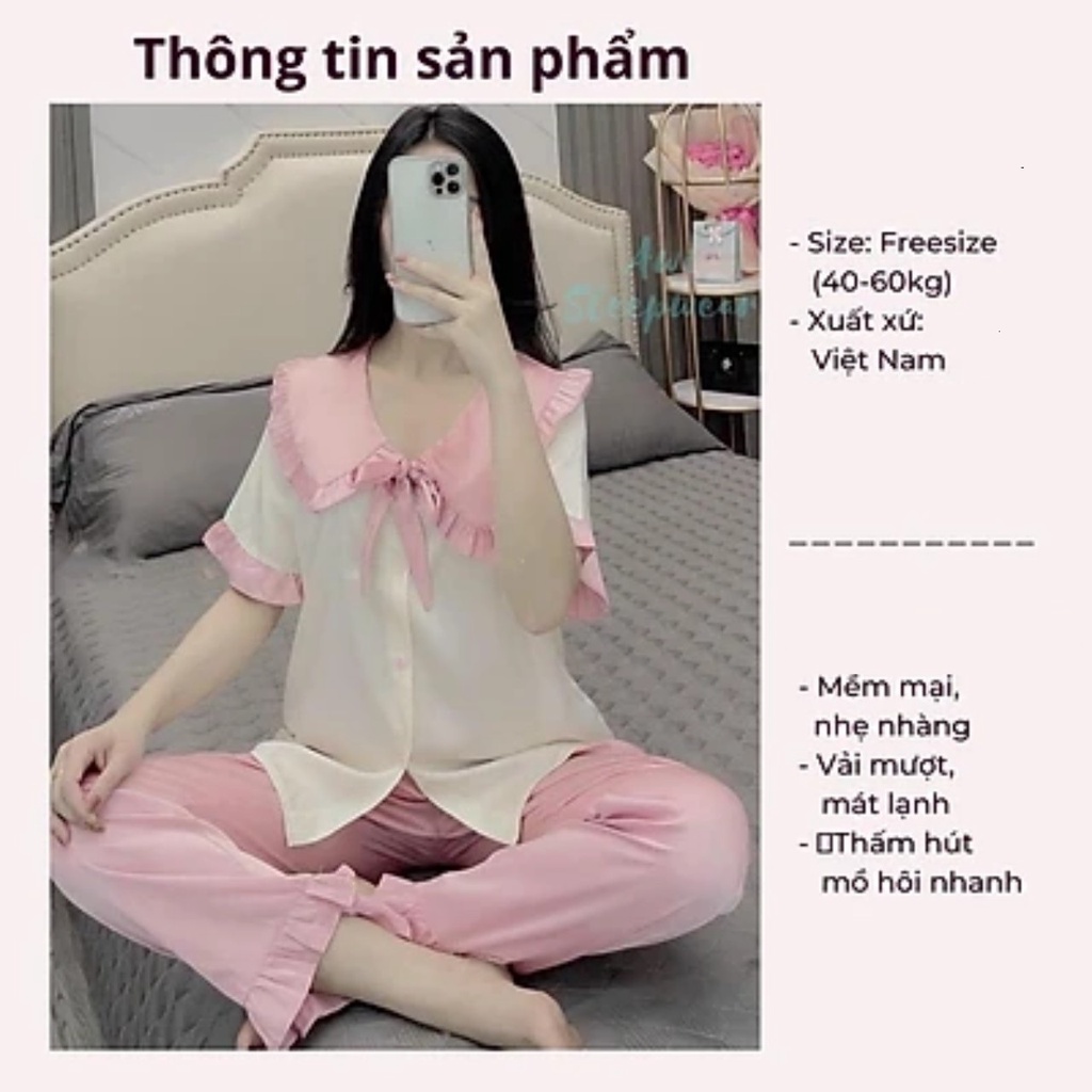 Đồ Bộ Pijama Nữ Tiểu Thư Tay Ngắn Cổ Bèo Dễ Thương .Đồ Ngủ Nữ Mặc Nhà Giá Rẻ ,Bộ Đồ Ngủ Nữ Size dưới 58kg