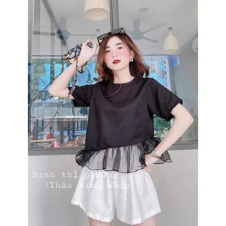 Set Bộ Áo Kiểu Nữ Phối Lưới Kèm Quần Đùi Trắng