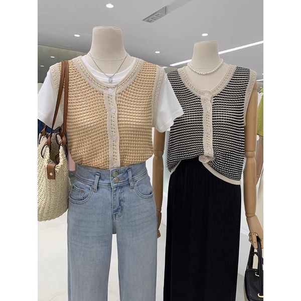 Áo len gile đóng cúc kẻ ngang viền phối màu Ulzzang Style🍓Hàng Quảng Châu