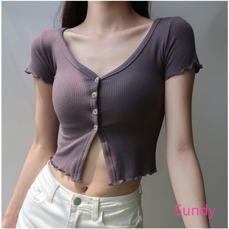 Áo Croptop Cổ Chữ V Phối Nút Thời Trang Mùa Hè Cho Nữ