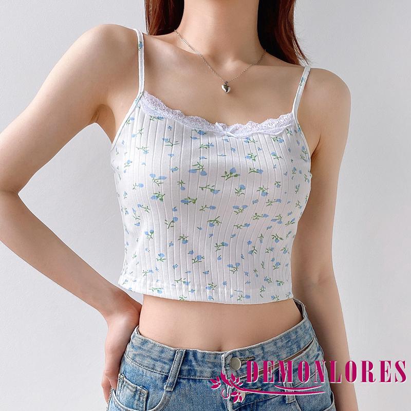 Áo hai dây mỏng cổ tròn ôm dáng in hoa phối ren thời trang mùa hè cho nữ