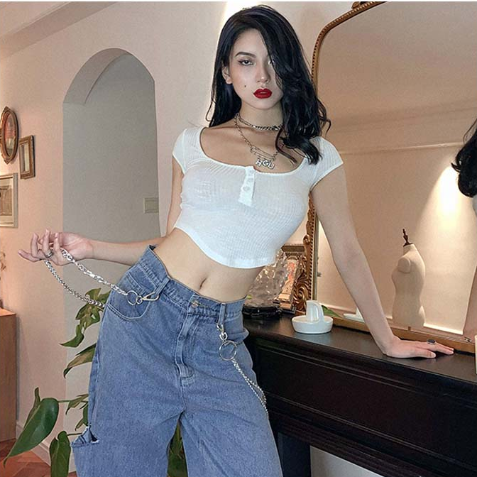 Áo croptop COZOK tay ngắn cổ chữ U thời trang quyến rũ cho nữ