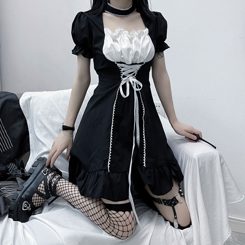 Brroa Đầm Tay Phồng Ngắn Cổ Vuông Eo Cao Dáng Chữ A Phối Dây Cột Phong Cách Lolita Xinh Xắn Cho Nữ