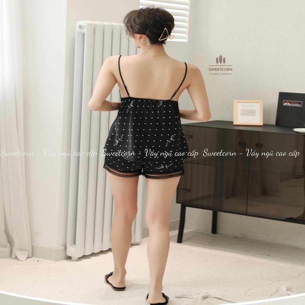 Bộ Đồ Ngủ Áo Hai Dây Chấm Bi Ren Vải Lụa Satin Gợi Cảm Cho Nữ