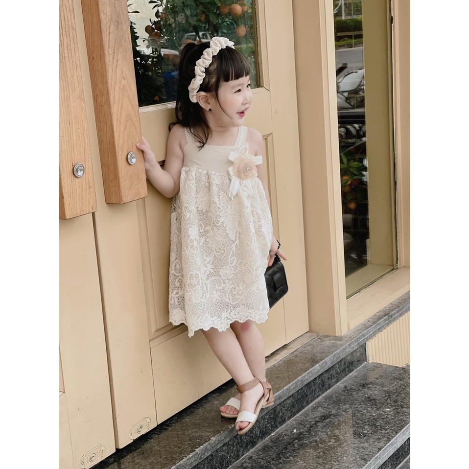 Váy bé gái hai dây phối ren đính hoa ngực, Đầm công chúa dụ tiệc xinh xắn tặng kèm bờm cho bé từ 8 đến 20 kg, SUN KID'S