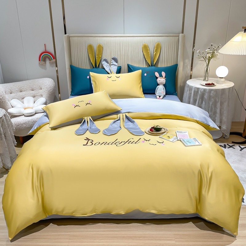 Bộ chăn ga gối phi lụa Tencel  tai thỏ đáng yêu mềm mịn,Bộ phi lụa tensel 4 món cực kì đáng yêu