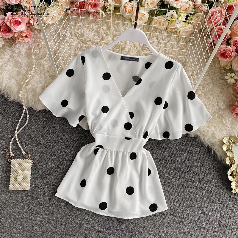 Áo kiểu ZANZEA cổ chữ V tay ngắn họa tiết chấm bi retro thời trang cho nữ