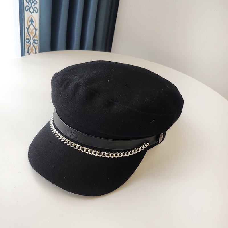 Mũ Beret Vải Len Phối Dây Xích Phong Cách Hàn Quốc Thời Trang Thu Đông Cho Nữ