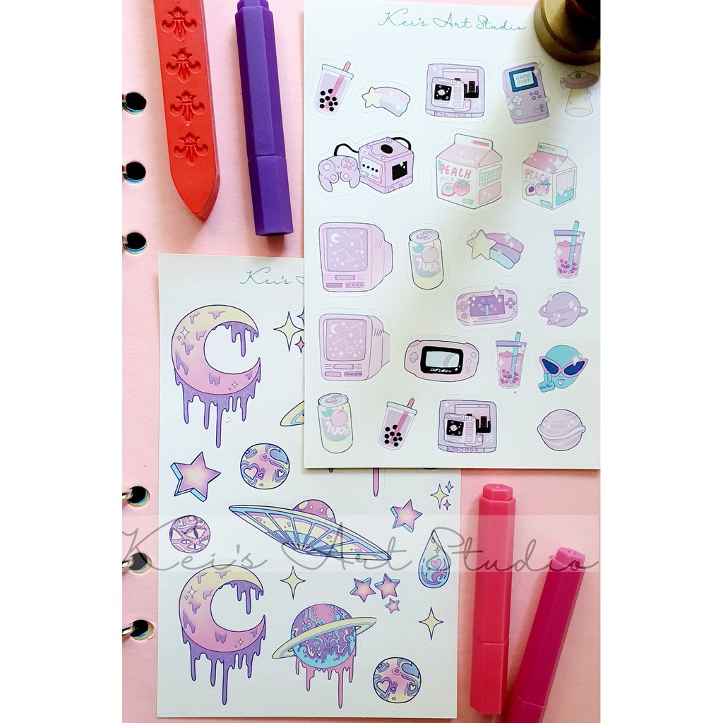 Sticker hàn quốc các thiết kế dễ thương, cô gái, hành tinh, đồ vật,... tone màu hồng tím pastel, galaxy