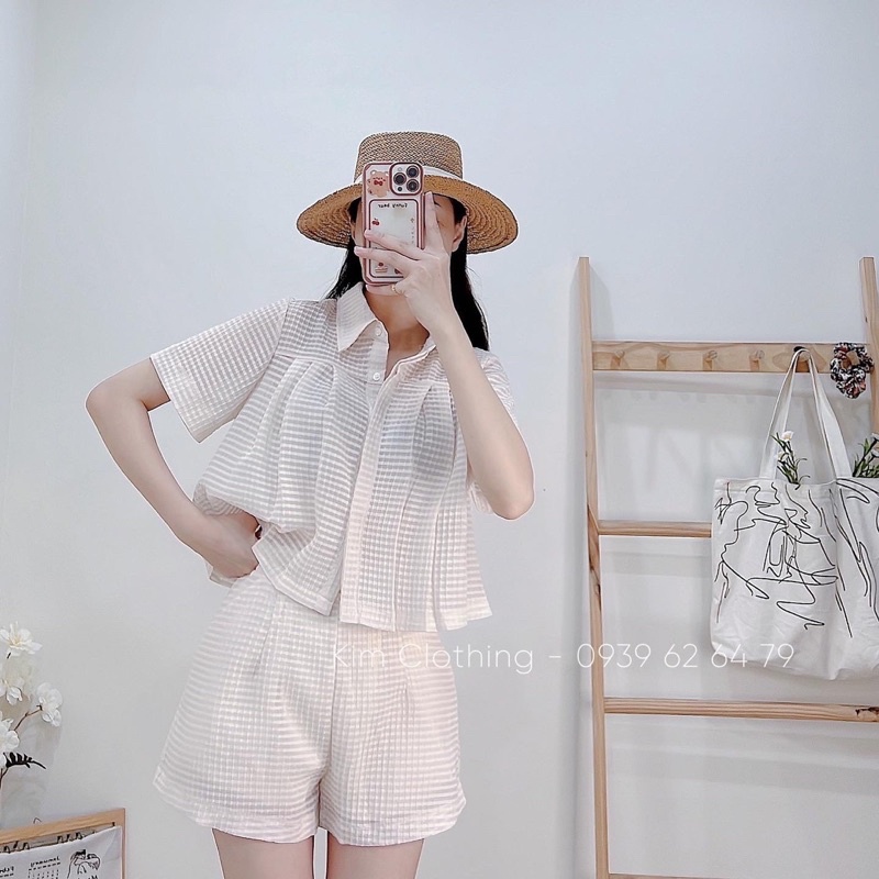 Set áo crop gài nút cổ bẻ li ngực + quần short lót 2 lớp dày dặn [hình chụp thật]
