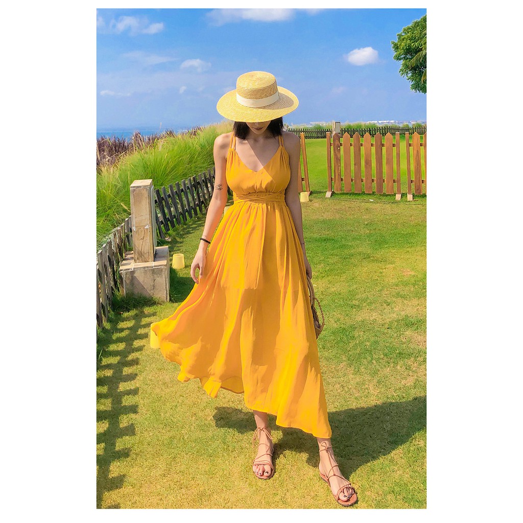 (CÓ SẴN)ĐẦM MAXI VÁY MAXI VÀNG HỞ LƯNG ĐI BIỂN QUẢNG CHÂU | BigBuy360 - bigbuy360.vn