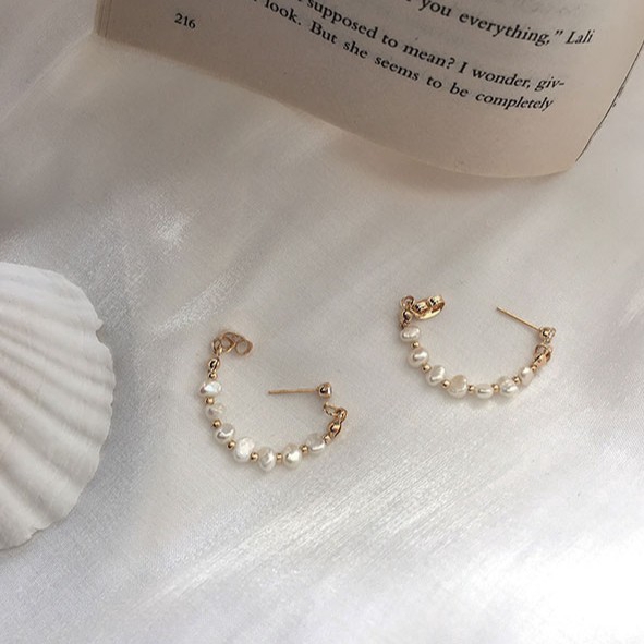 Korean Girls Pearl Hoop Earrings / Unique Circle Earring / Fashion Pearl Stud Earrings / Wedding Party Ear Jewelry