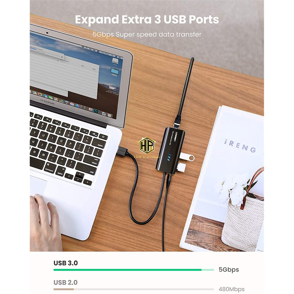 HUB USB 3 cổng 3.0 Ugreen 20265 kèm cổng LAN 10/100/1000 Mbps tốc độ cao - Hapustore