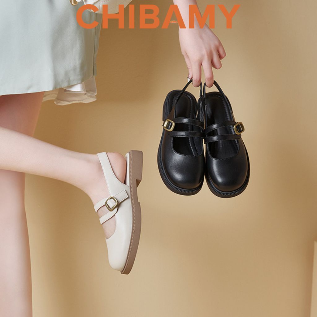 Giày Lolita hở gót có quai hậu CHIBAMY dế bằng, chất da mềm phong cách cổ điển