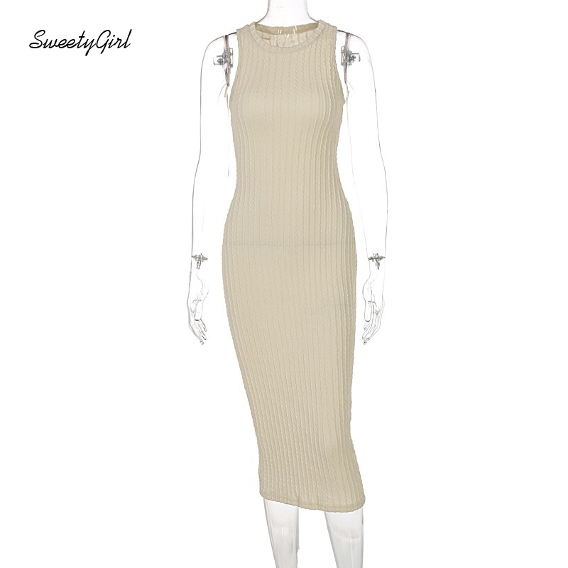 Đầm dệt kim dáng ôm không tay cổ tròn màu trơn thời trang cho nữ
