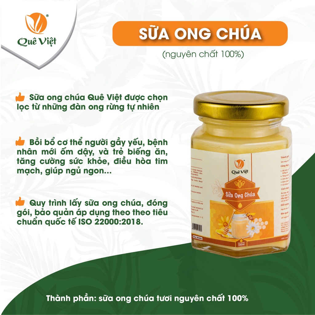 Sữa ong chúa Quê Việt bồi bổ cơ thể, tăng cường sức khoẻ (2 hộp x 100ml/hộp)